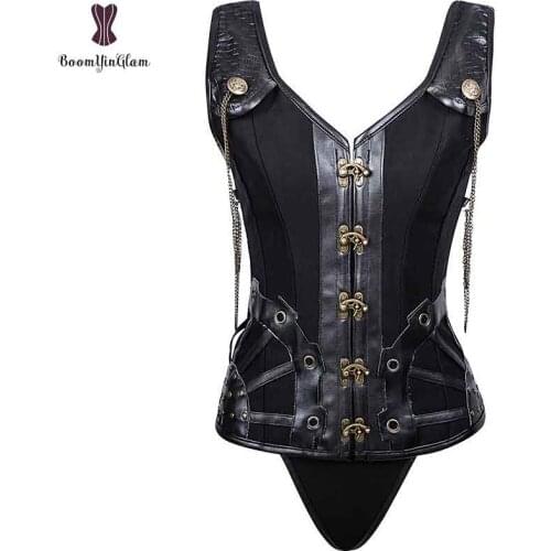 Punk Corset Solid Black Korset Spiral Steel Boned Korse Overbust Metal Chain Gothic Gorset Waist Slimming Korsett For Women Sexy