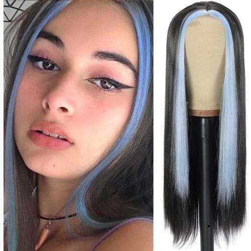 Long Straight Wig For Women Synthetic Wigs Both Gold Purple Sides Hair Middle Part Heat Resistant Cosplay Wig For Women