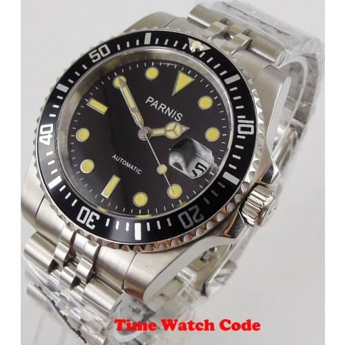 PARNIS 40mm Automatic Mens Wristwatch Black Dial Sapphire glass Date window ceramic bezel Jubilee bracelet Mechanical watch