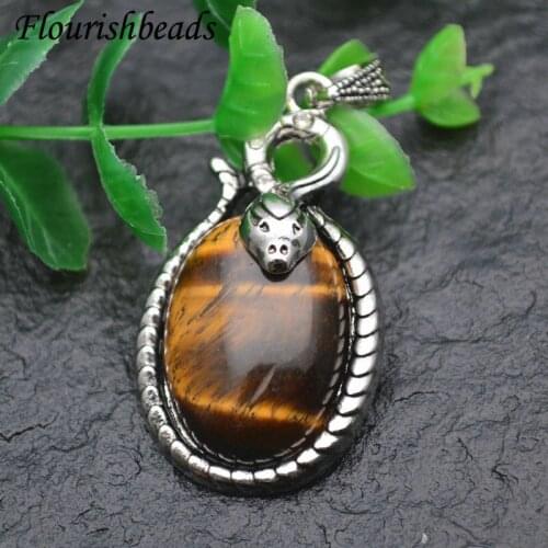 Snake Shape Metal Edge Natural Gemstone Oval Pendant Fit Necklace Jewelry DIY Stuff Tiger Eye / Pink Quartz / Amethyst / Crystal