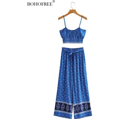 Drop Shipping Bohemian Retro Suit Blue Floral Cotton Camisole Top Casual Loose Lace-up Long Pants Vacation Womens Clothing