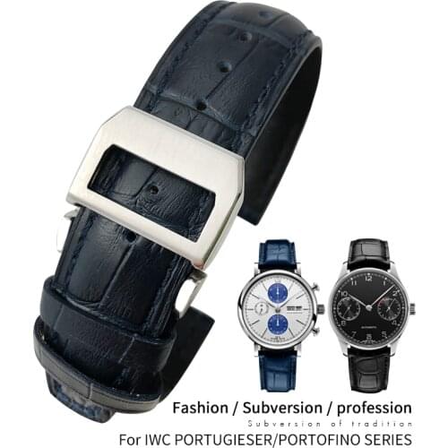 20mm 21mm 22mm Leather Cowhide Watch Band Replacement for IWC Portugieser Porotfino Family PILOTS Watches Strap Folding Buckle