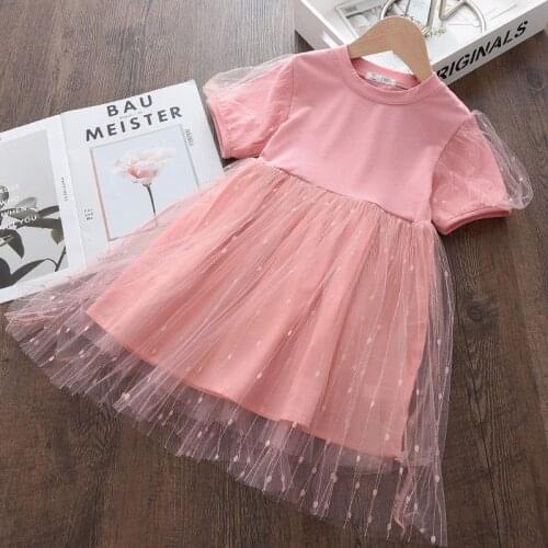 Baby Girls Princess Pink Dresses 2021 New Kids Mesh Patchwork Clothes Summer Children Cute Clothing Toddler Short Sleeve Dresses