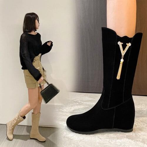 Elegant Women Flock Big Size Knee High Boots Side Zipper Winter Warm Long Boots Female Metal Vintage Shoes Woman black