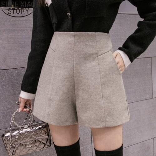 Fashion Woolen Shorts Women High Waist Winter Bottom 2021 New Casual Zipper Fly Wide Leg Shorts Gray Short Feminino 12666