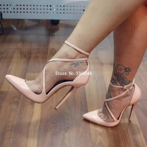 Plain Ankle Strap Pointed Toe Stiletto Heels Pumps Woman Cross-tied Office Party Patent Leather Shoes Nude Spring Autumn