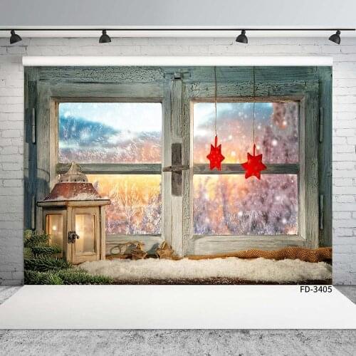 Wooden Window Snow Red Star Lamp Christmas Photo Backgrounds Vinyl Photography Backdrop for Baby Children Home Studio Photocall