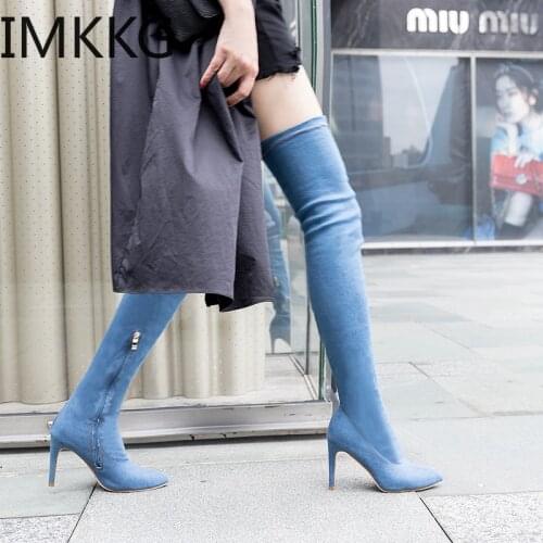 2019 Fashion Women Boots High Heels Spring Autumn Over The Knee Boots Tight High Stiletto Jeans Denim Rome Long Shoes Y10144