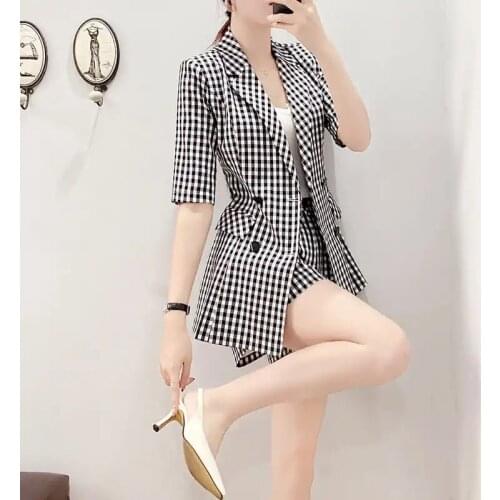 Double Breasted Plaid Suit Jacket Shorts Suit Womens Summer Fashion Temperament Short Sleeve Blazer Jacket 2 Piece Sets Women