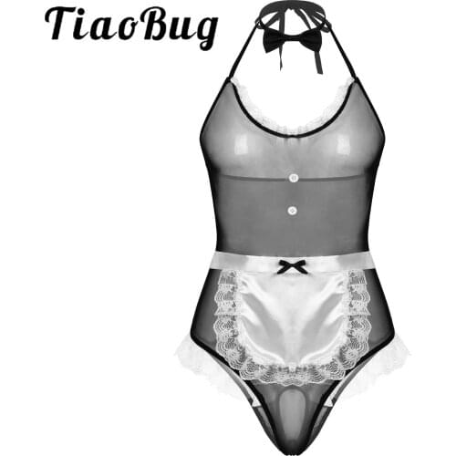 Mens Erotic Sexy Clothing Lingerie Maid Cosplay Costume Outfit Underwear Halter Backless Lace Trim Bodysuit with Apron Bow Tie