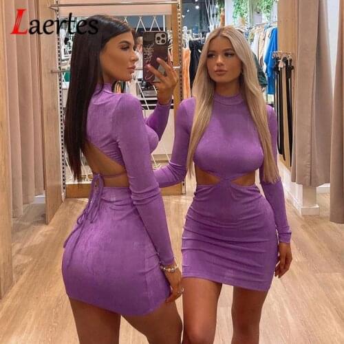 Laertes Knitting Mini Dresses for Women 2021 Autumn Fashion O Neck Long Sleeve Hollow Out Backless Y2K Pullover Sexy Dress
