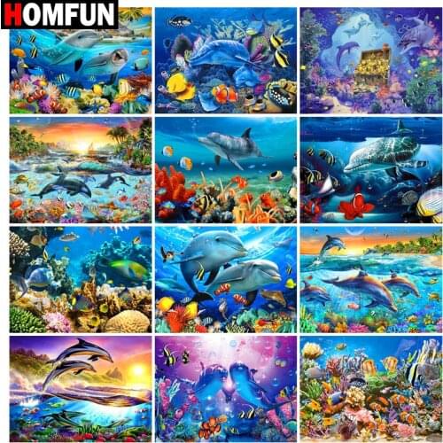 HOMFUN Diy Full Square Round Drill 5D Diamond Painting Cross Stitch Diamond Embroidery "Ocean dolphin fish" Home Decor Gift