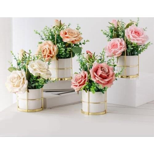 Home Party Decor Bonsai Pot Culture Nordic Style Imitation Rose Suit 1PC Decorative With Ceramic Vase Fake Roses Green Plants