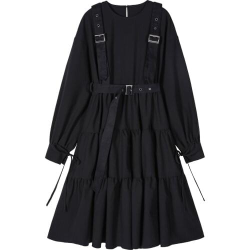 Long Gothic Punk Darkness Girl Black Dress Women Lolita Girl Vintage Doll Pleated Full Sleeve O-neck Cool Vestidos