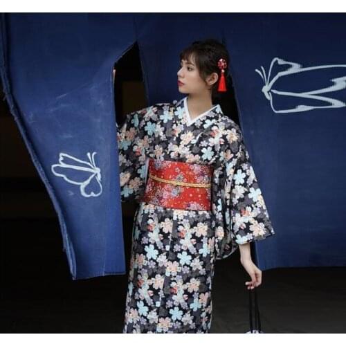 Japanese Yukata Kimono Dress Female Costume Geisha Cosplay Black Obi Yukata Women Traditional Japanese Kimonos Cosplay FF2355