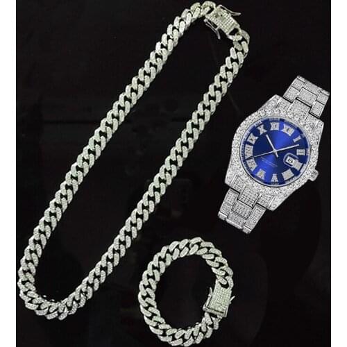 Hip Hop 3pcs Kit Iced Out Paved Rhinestones 12MM Full Miami Cuban Necklace+Watch+Bracelet CZ Bling For Men Women Charm Jewelry