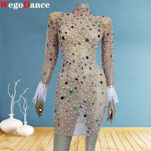 Colorful Crystals Pearls Sexy Mesh Dress Prom Evening Sexy Transparent Multicolor Rhinestones Costume Birthday Feather Sleeves