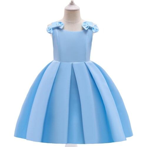 Summer Childrens Dress Bowknot Princess Fluffy Dress Forged Cloth Solid Color Girls Host Dress 4-8 Years Old