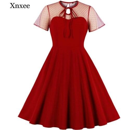 Summer Plus Size Lace Women Dress Mesh Sexy High Waist Femme Elegant Dot 60S Swing Retro Vintage Sleeve Sweet Clothes Bodycon
