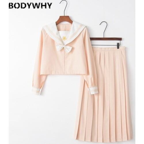 Summer Pleated Skirt Uniform Pink Sailors Suit Embroidered Long Skirt Set School Skirt Fashion Style Clothes for Women College