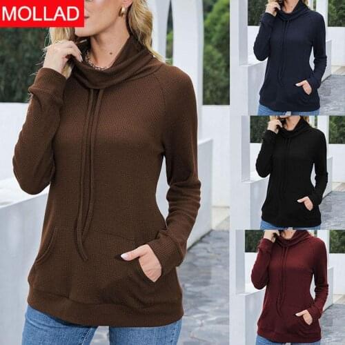 2021 Womens Autumn and Winter New Solid Color Long Sleeve Waffle Turtleneck Top Pocket Knitwear