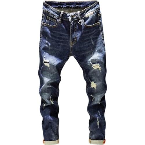 Autumn Destroyed Torn Stylish Moto Biker Jeans Denim Pants Men Hip Hop Streetwear Mens Ripped Jeans Slim Fit Dark Blue Spring