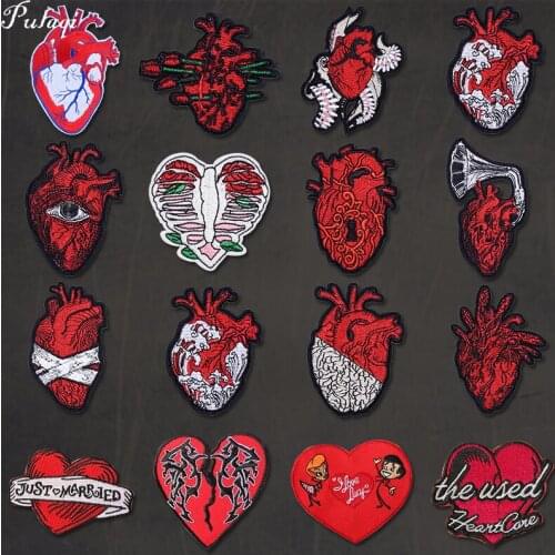 Pulaqi Punk Red Heart Patch Embroidered Patches for Clothing Stickers Iron-on Hearts Patches on Clothes Applique Accessories DIY