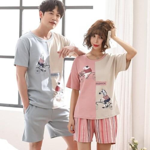 Women and men new summer couple pajamas Korean cotton short sleeve shorts comfortable breathable two piece pajama sets pajamas