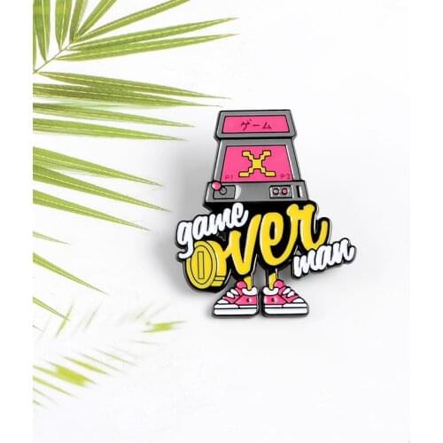 Pink Arcade Game Machine Enamel Pin Game Over Brooch Denim Jeans shirt Bag Retro Game Machine Jewelry Gift for Friends Boy Men