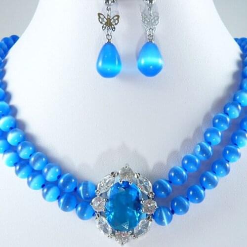 Handmade Natural Blue Stone Beads Bib Collar Necklace Earrings Jewelry Set Crystal Pendant Necklace For Women Party Wedding Gift