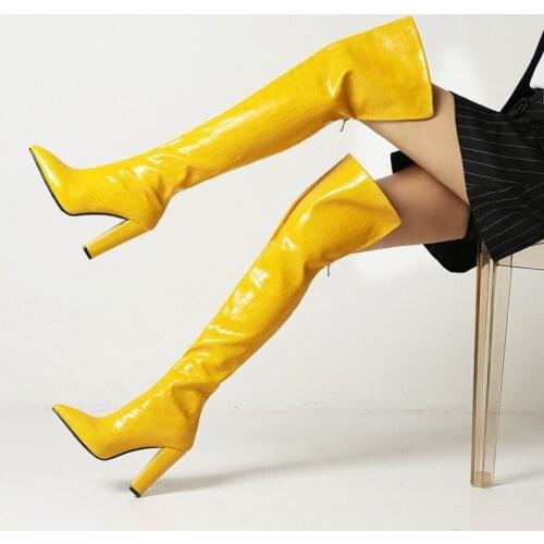 Crocodile Leather Over-the-Knee Boots Women Sexy Chunky High Heels ZIP Long Boots Female Winter Party Shoes Cowboy Knight Boots