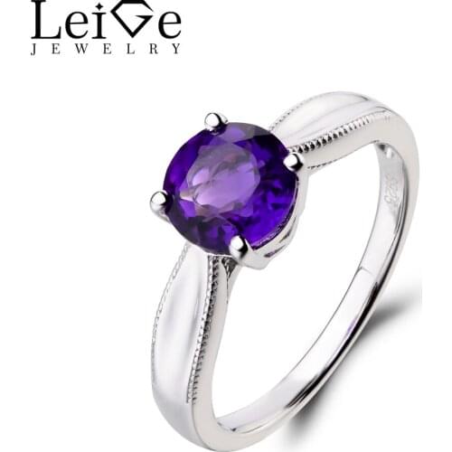 Leige Jewelry Natural Amethyst Ring Wedding Ring 925 Sterling Silver Ring February Birthstone Round Cut Gemstone Solitaire Ring