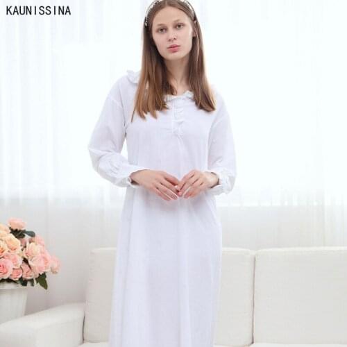 Vintage White Cotton Womens Long Nightgowns Turn-down Collar Long Sleeve Sweet Girls Princess Sleepwear Loose Royal Nightdress