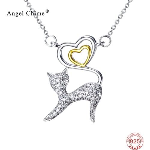 925 Sterling Silver Vintage Love Heart Cat Pendants Necklaces Rhinestone Crystal Box Chain Choker Necklace Fashion Women Jewelry