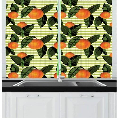 Green Emerald Marigold Fruits Kitchen Curtains Design of Oranges and Tree Leaves on a Background of Horizontal Stripes