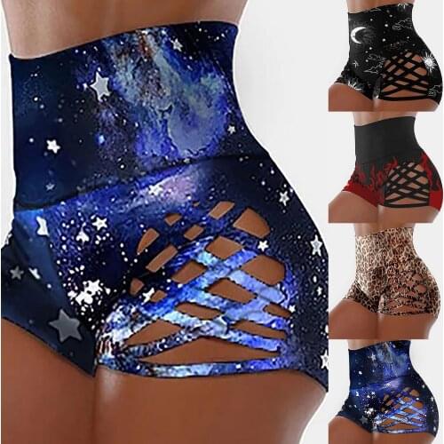 Women Buttocks High Waist Print Bandage Sweatpants Swim Shorts Fitness Stretch Control Panties Waist Slim Stretch Sports Shorts
