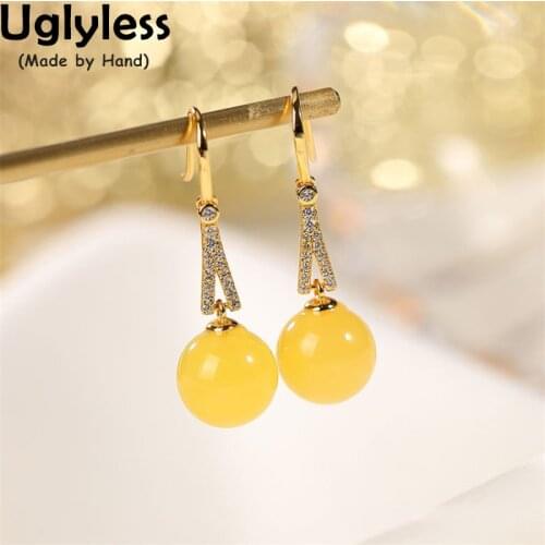 Uglyless Like Puddings Luxury Chicken Oil Beeswax Amber Earrings for Women Crystals Triangle Earrings 925 Silver Hollow Brincos