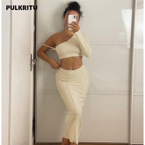 Pulkritu Women Slit Back Midi Maxi Skirts Suit Tube Long Sleeve Crop Tops Matching Two 2 Piece Set Sexy Autumn Winter Outfits