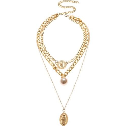 Gold Color Virgin Mary Coin Pendants Necklaces for Women Imitation Pearl Punk Layered Necklace Female 2020 Fashion Jewelry New