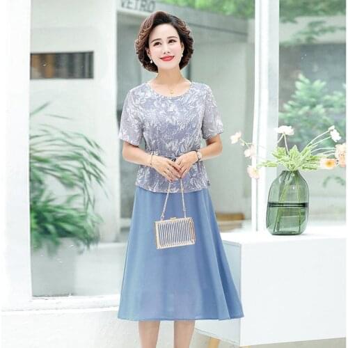 Woman floral Two Piece Dress WomenS 2021 New Summer Stylish Elegant Large Size Middle Age Mother Dresses