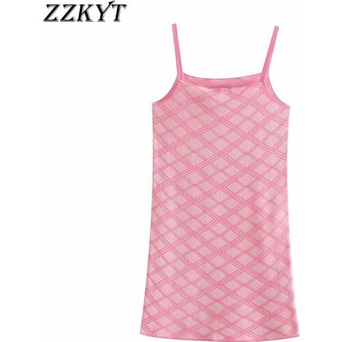 ZZKYT 2021 Women Summer Fashion Geometric Knitted Mini Dress Vintage Square Collar Sleeveless Slim Female Party Dress Vestidos
