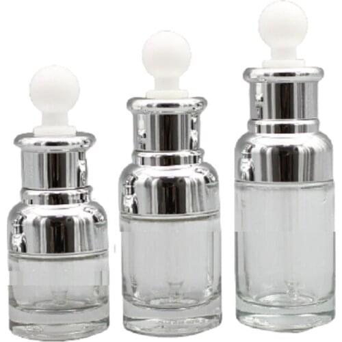 10pcs Cosmetic Packaging Empty Clear Glass Dropper Essential Oil Bottle Silver Press Pump White Top 40ML 30ML 20ML Filling Vials