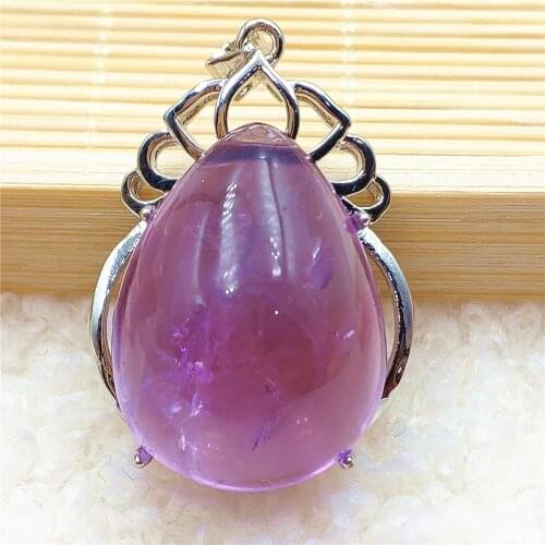 31x22mm Natural Purple Amethyst Quartz Water Drop Pendant Women Men Amethyst Necklace Brazil 925 Sterling Silver AAAAA