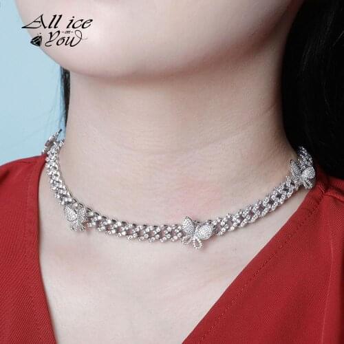 ALLICEONYOU 8mm Butterfly Chokers Necklace Iced Out Cubic Zirconia Cuban Chain Hip Hop Rock Fashion Jewelry Gift For Women