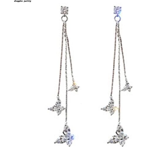 Shiny Long Tassel Dangle Earrings For Women Three Butterfly Crystal Drop Earring Bijoux Statement Earrings Jewelry Gifts