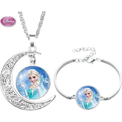 2pcs/set Disney Cartoon Princess Frozen Suit Time Gemstone Isana Alloy Bracelet Necklace Set Kids Toys Girls Jewelry Gifts