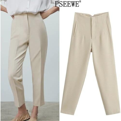 PSEEWE Spring Za 2021 High Waist Trousers For Female Black Fashion Office Wear Elegant Womens Pants Pink Front Zip Loose Pants