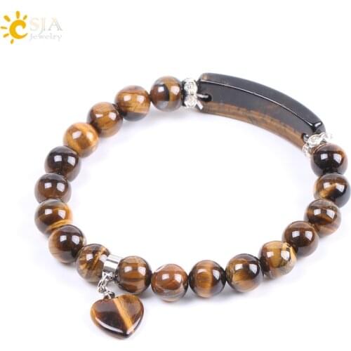CSJA Natural Stone Beads Tiger Eye Men Strand Bracelets & Bangles Heart Shape Silver Color Fitting Women Jewelry Love Gifts F105