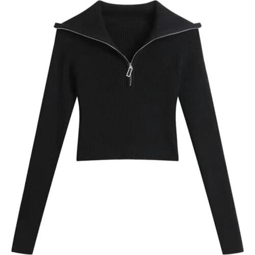 Elegant High Neck Zipper Front Knitted Sweater Women Solid Basic Cropped Pullover Winter Spring Fashion Clothing Top 2021