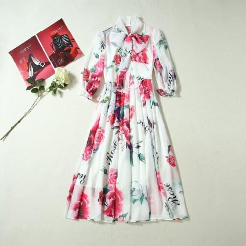 European Spring 2021 for and American womens wear 7 - minute sleeve bow tie Fashionable peony print dress